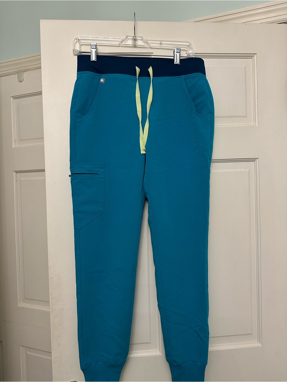 Figs Teal Jogger Pants with Navy Waistband and Lime Drawstring
